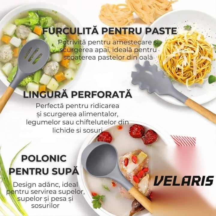 Set 19 ustensile de bucătărie silicon termorezistent și bambus, cuțite inox, suport organizator, Design Gri