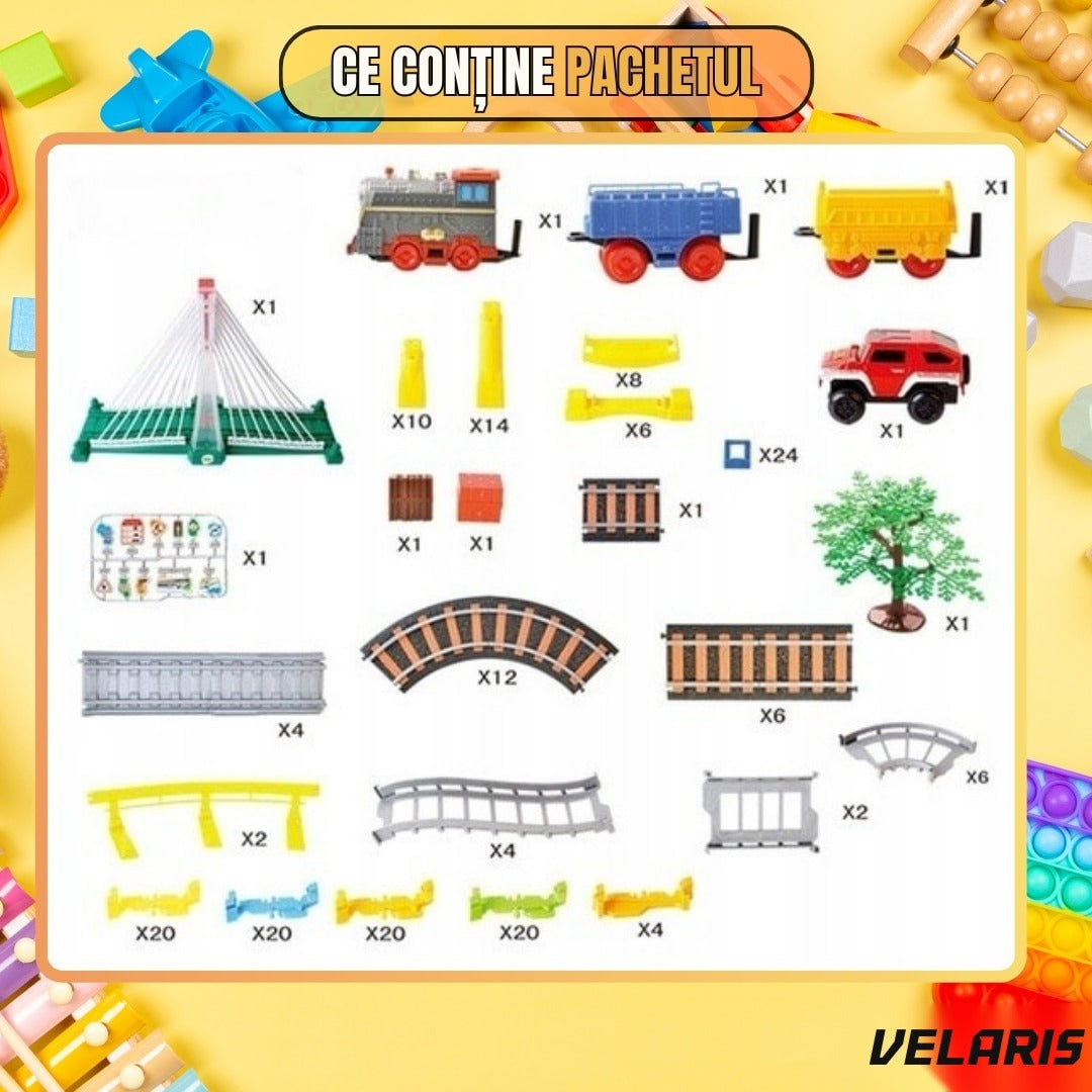 Circuit 2 în 1 XXL 140 piese, 86x74 cm, cu tren electric, mașinuță și pod luminos, multicolor