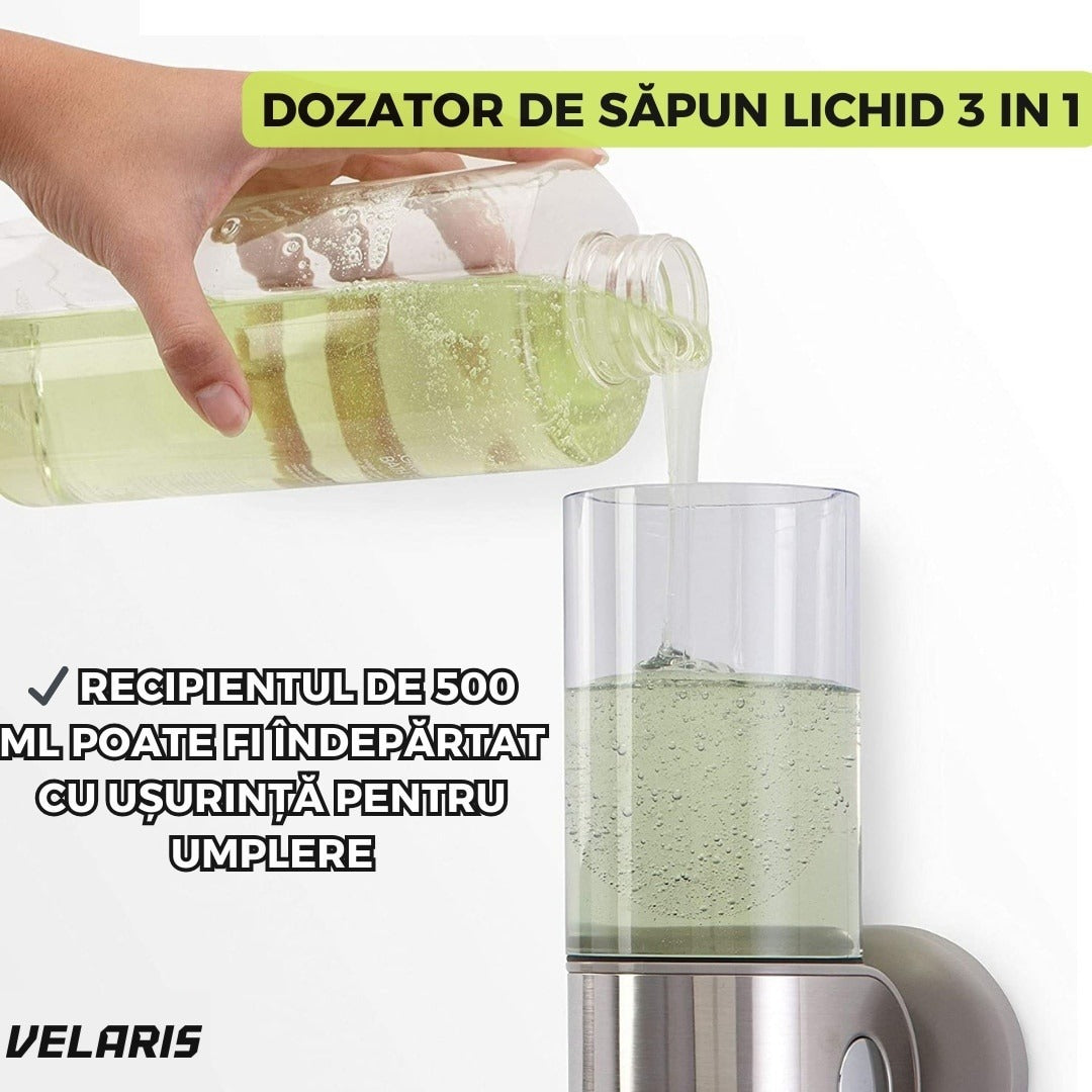 Dispenser 3 în 1 pentru săpun, șampon și balsam, montaj pe perete, transparent, 3x500ml