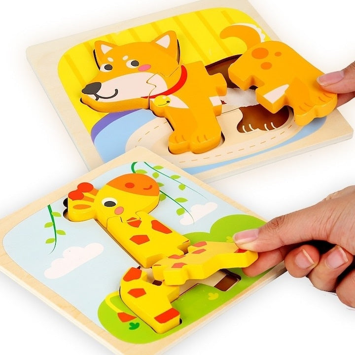 Puzzle Montessori 3D lemn cățeluș, 3 piese, 15x15 cm, copii 0-3 ani