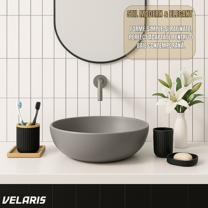 Set de baie 6 piese, negru mat cu accente de lemn, coș gunoi, perie WC, dispenser, pahar