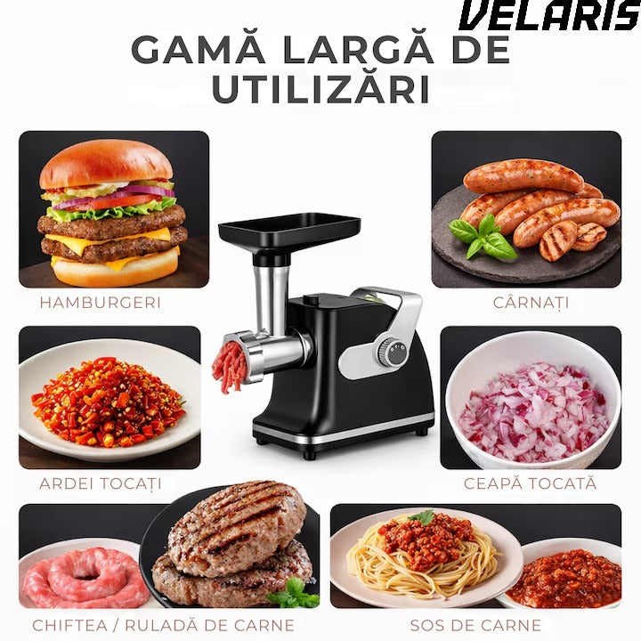 Aparat electric de tocat carne, inox, 800W, 2 trepte de viteza, negru/alb