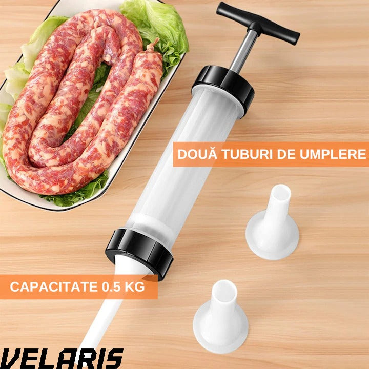 Aparat manual pentru umplut carnati, inox/plastic, 0.5 kg, 2 tuburi de umplere, alb
