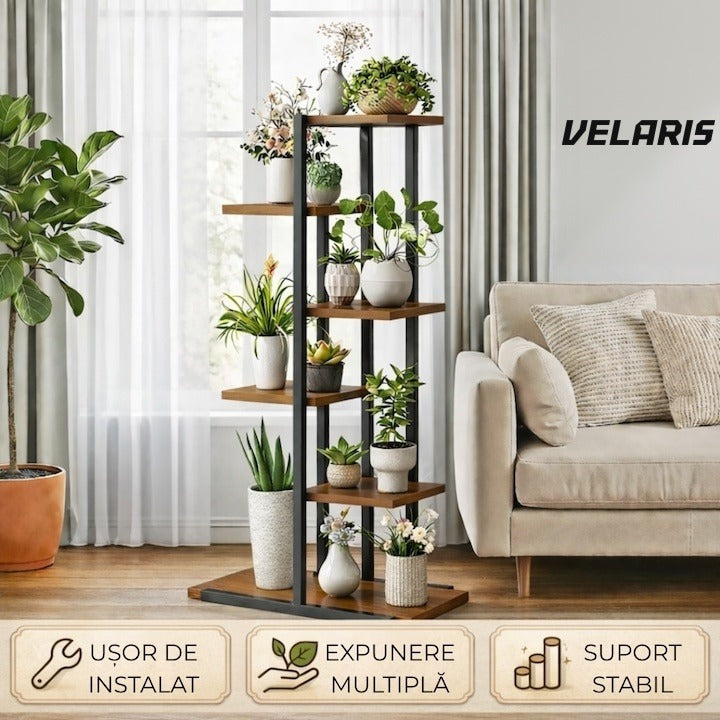 Suport plante asimetric 6 rafturi, structură metal, rafturi aspect lemn, 60x21.6x123 cm