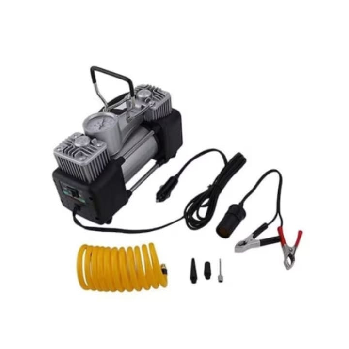 Compresor auto 12V cu 2 cilindri, furtun 5 m, kit reparare anvelope și accesorii incluse