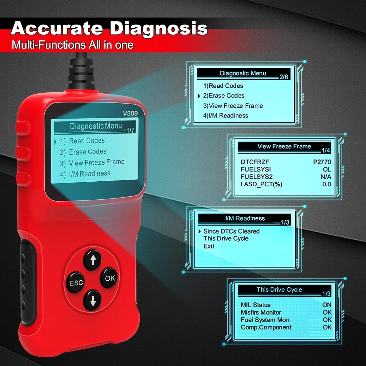 Tester OBD2 V309, citire/stergere coduri DTC, ecran LCD mare, plug and play