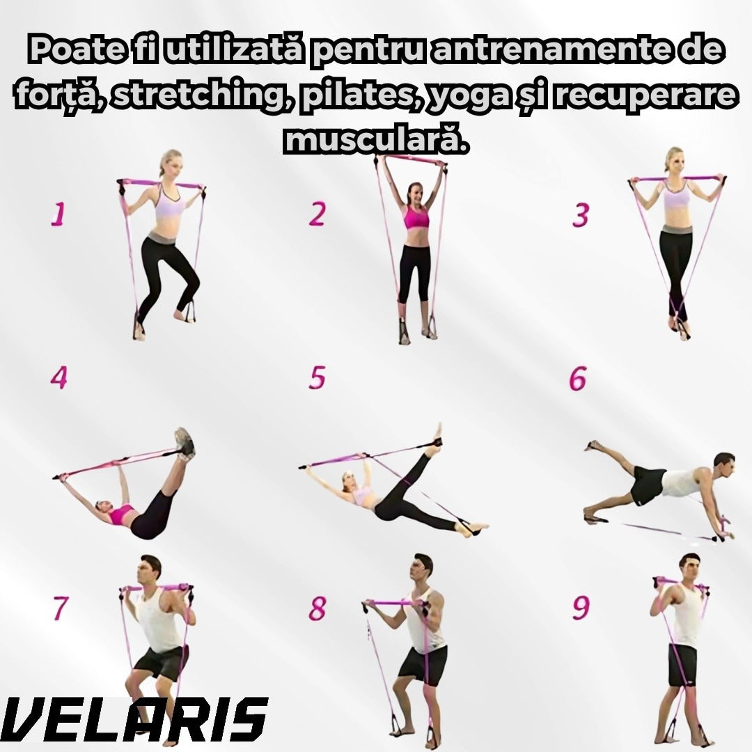 Bara Fitness cu Benzi Elastice Reglabile, Multifunctionala pentru Antrenamente Complete, Rezistenta Ajustabila, Culoare Mov