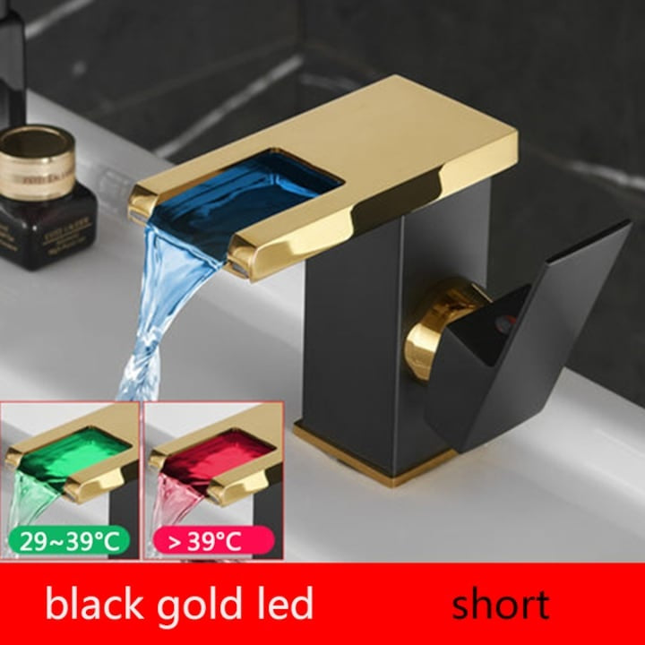 Baterie baie LED cascadă negru-aur, iluminare RGB temperatură sensibilă, construcție alamă