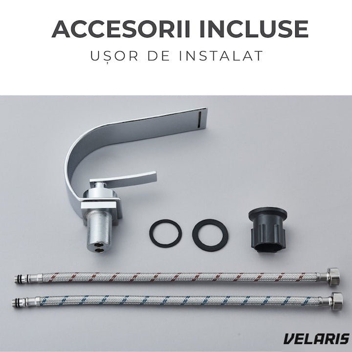 Robinet baie tip cascadă, alamă, înălțime 13 cm, conexiune 3/8", design modern argintiu