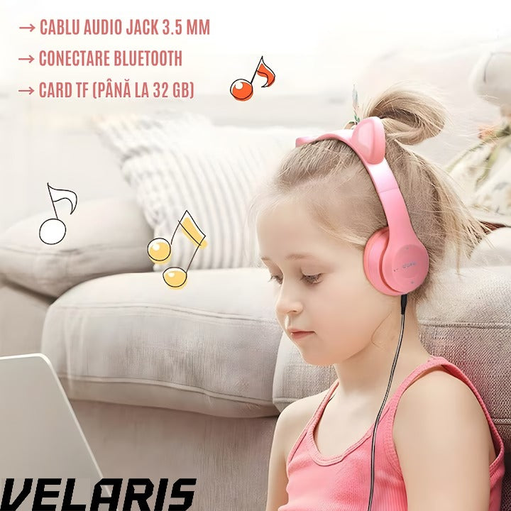 Casti stereo wireless P47, urechi pisica, Bluetooth 5.0, radio FM, reducere zgomot, pliabile, slot card, roz