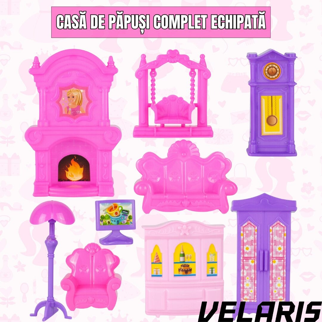 Casuta pentru papusi Lovely House, 2 etaje, 5 camere, garaj cu masina, 2 figurine incluse, set 112 piese