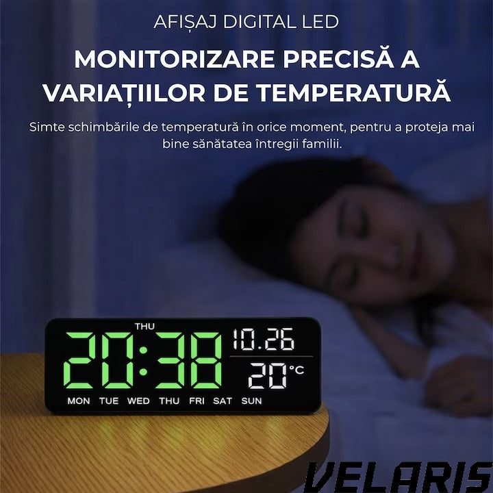 Ceas digital de masa si perete 24 x 9 cm afisaj LED verde alarma snooze calendar cronometru termometru luminozitate reglabila