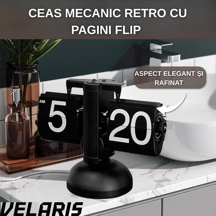Ceas flip retro, numere mari, din otel inoxidabil, alimentat cu baterii, decor pentru living, negru clasic, design vintage, suport de metal