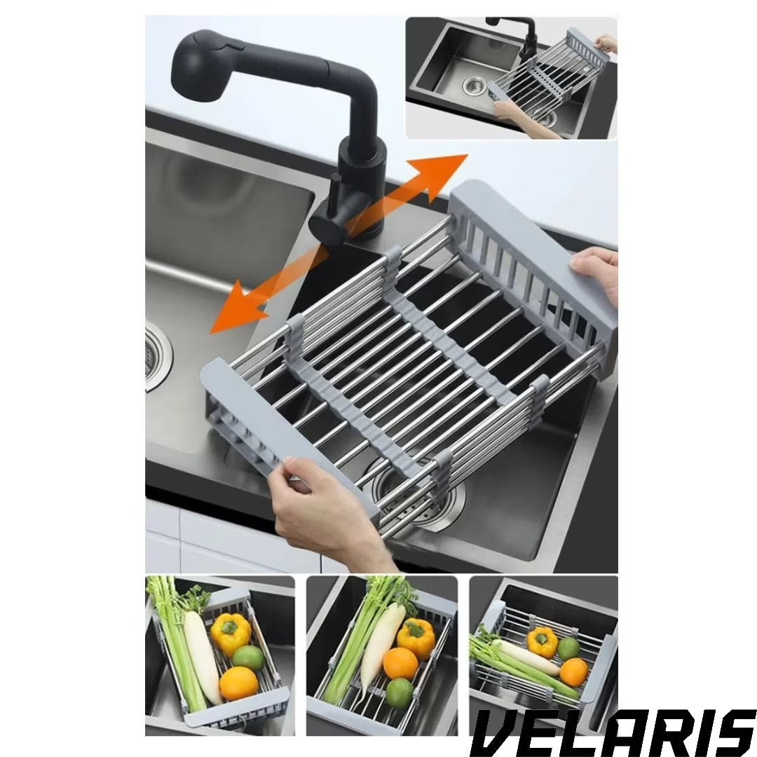 Cos de scurgere pentru chiuveta mica, inox si plastic alimentar, 46x22 cm, extensibil, pentru legume, fructe si vase