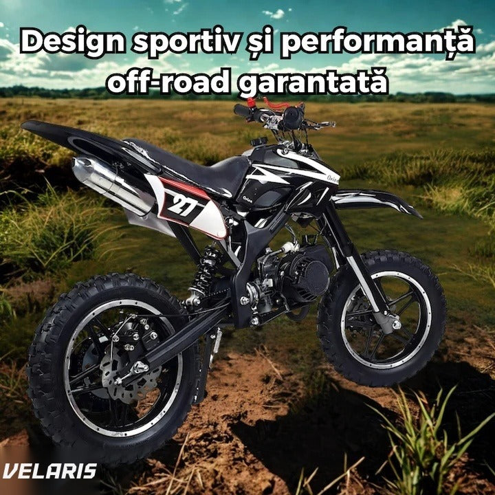 Motocicletă cross pentru copii, motor 49cc, roți late, pornire ușoară, off-road, negru