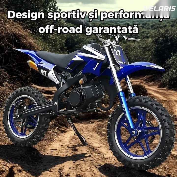 Motocicletă cross pentru copii, motor 49cc, roți late, pornire ușoară, off-road, albastru
