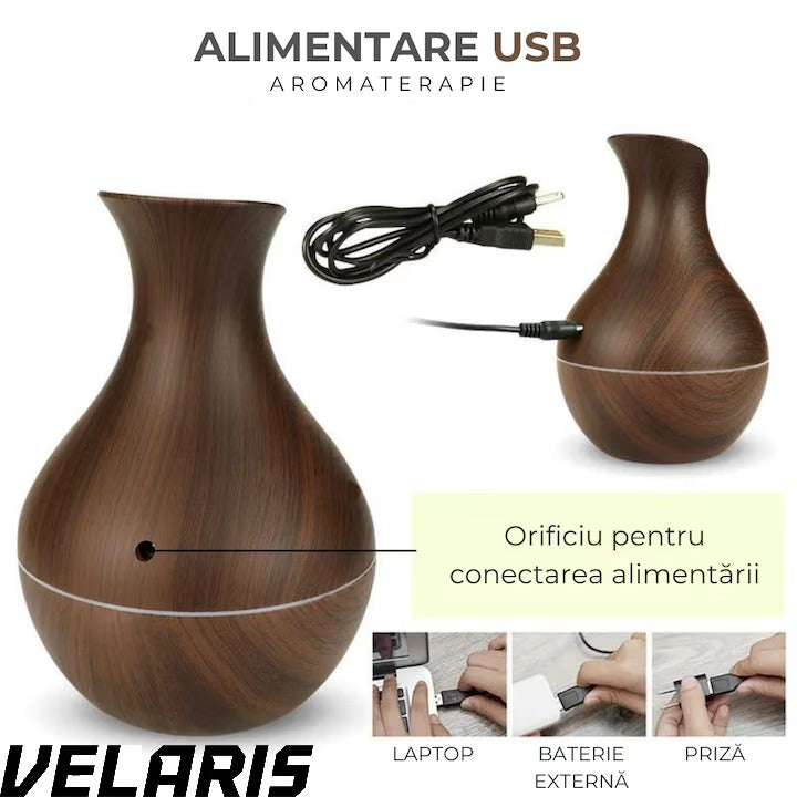 Difuzor Aromaterapie cu Umidificator, ultrasunete, forma de vaza, buton touch, maro, LED 7 culori, 130 ml