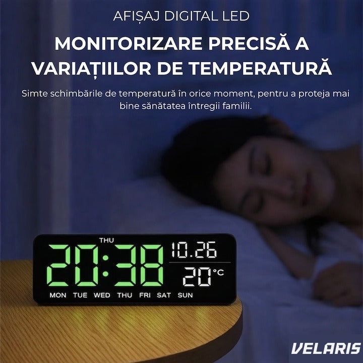 Ceas digital perete și birou 24 x 9 cm, afișaj verde LED, ceas alarmă, calendar, termometru