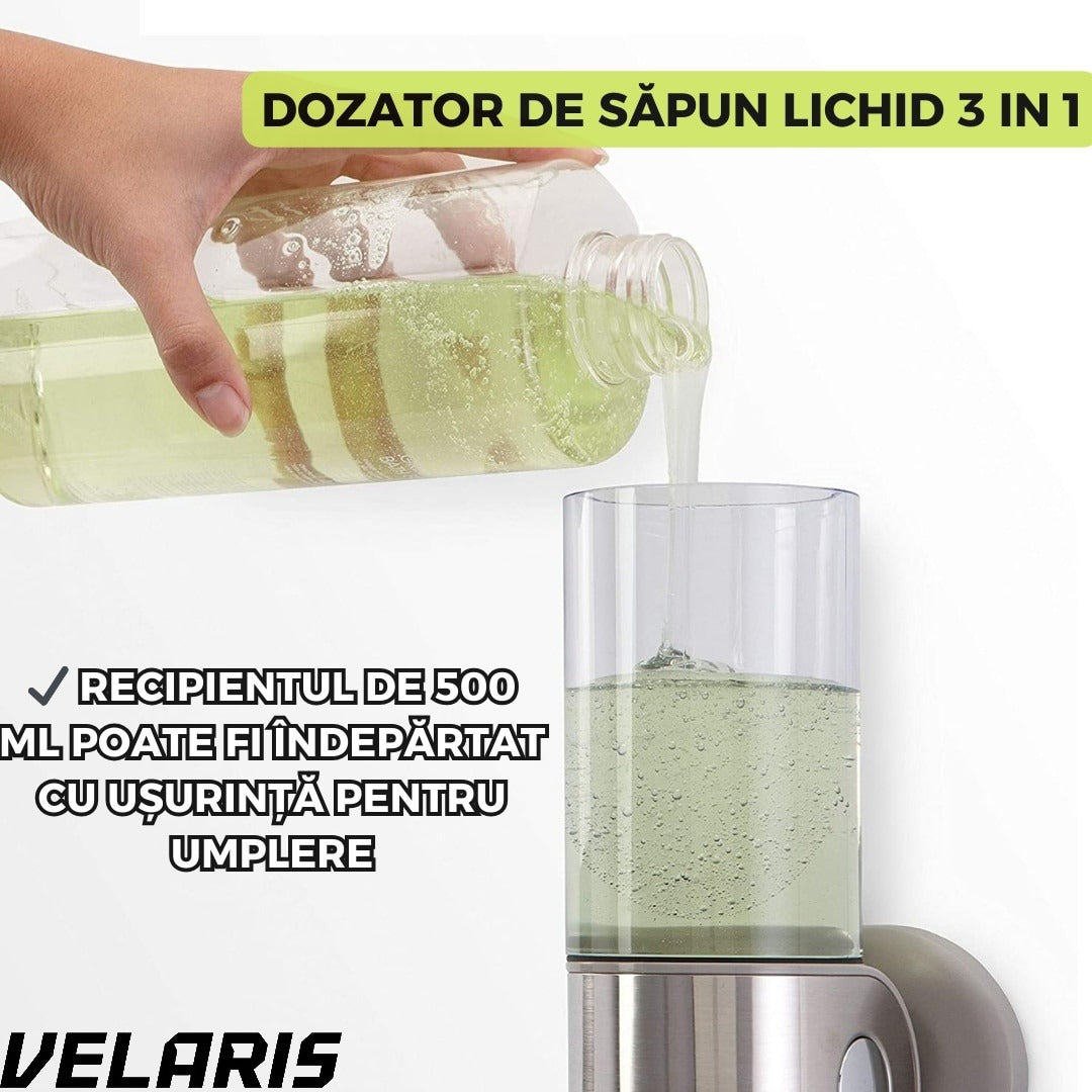 Dispenser 3 in 1 pentru Sapun, Sampon si Balsam Montabil pe Perete, Transparent, pentru Baie si Bucatarie
