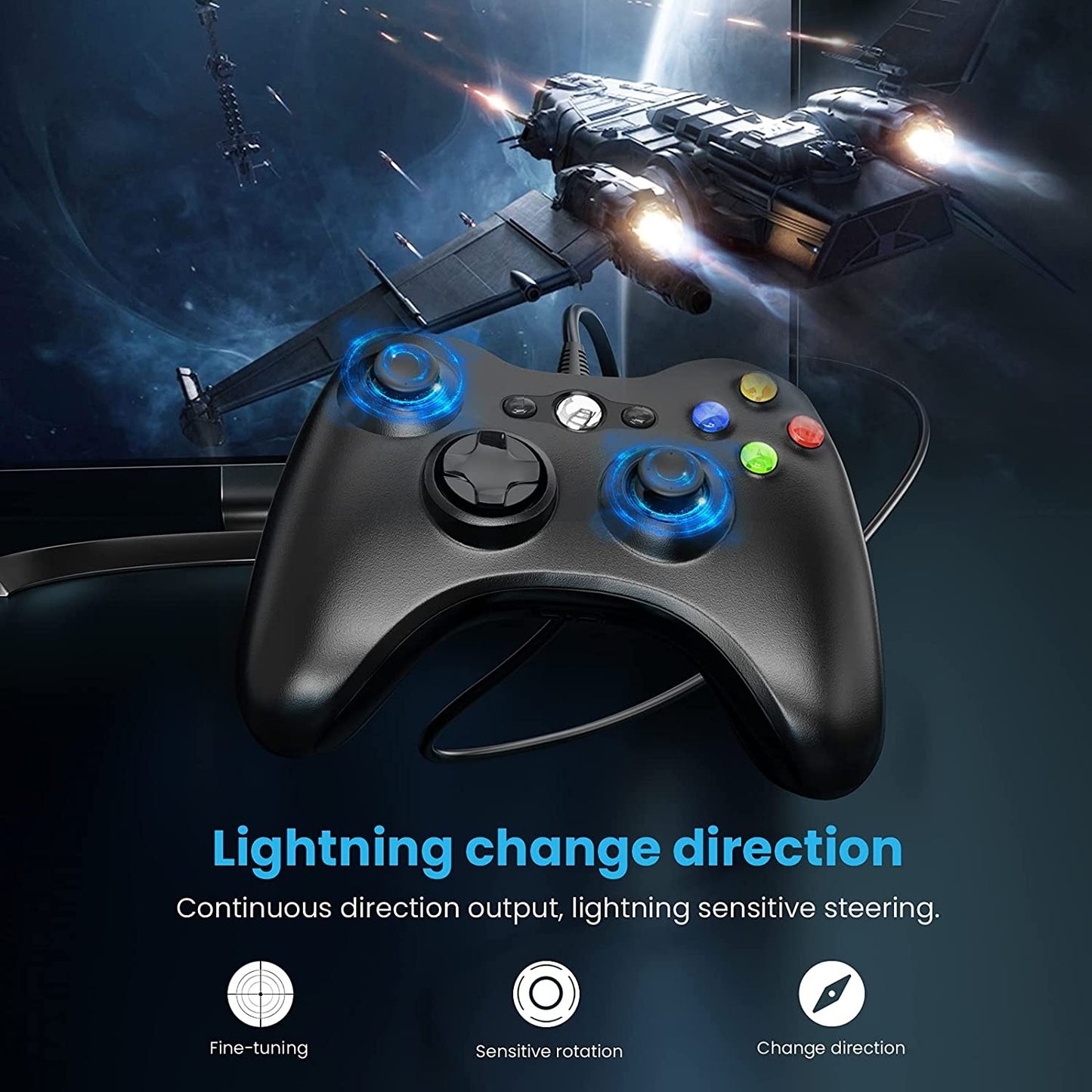 Controller Dual Shock pentru PC și Xbox 360, stick analogic, vibrații realiste, 2,5 m USB