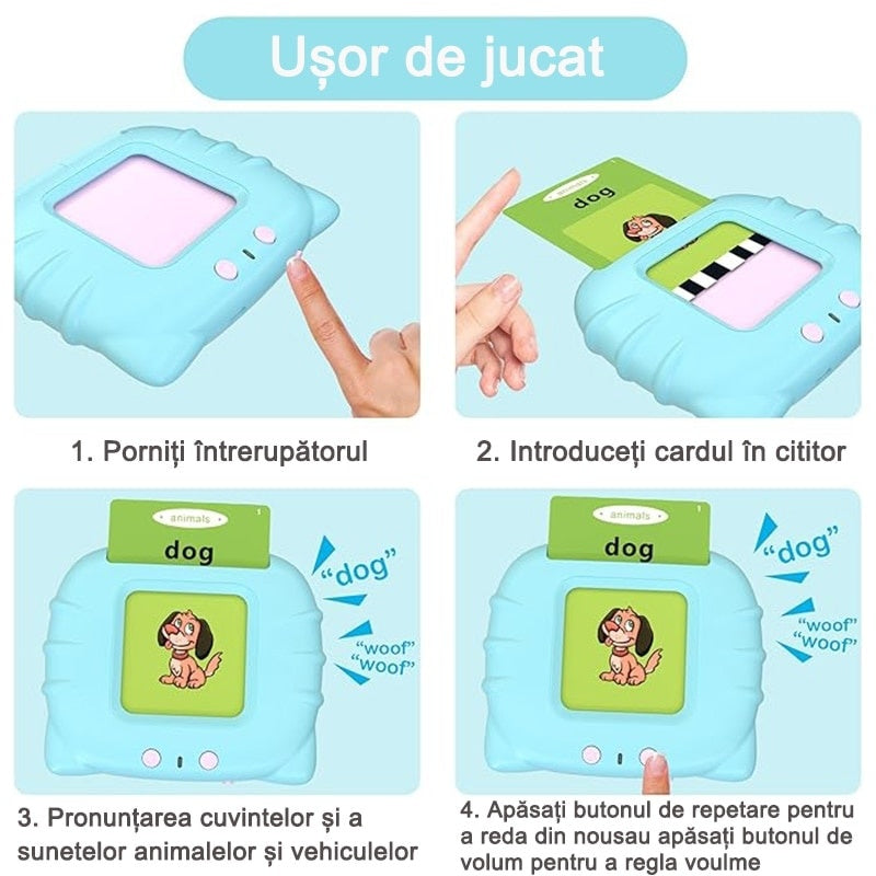 Dispozitiv de învățare Montessori cu cititor flash carduri engleza 112 carduri 224 cuvinte albastru