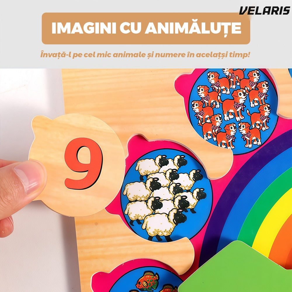 Ceas educativ din lemn cu numere detasabile si imagini ascunse, 3+ ani