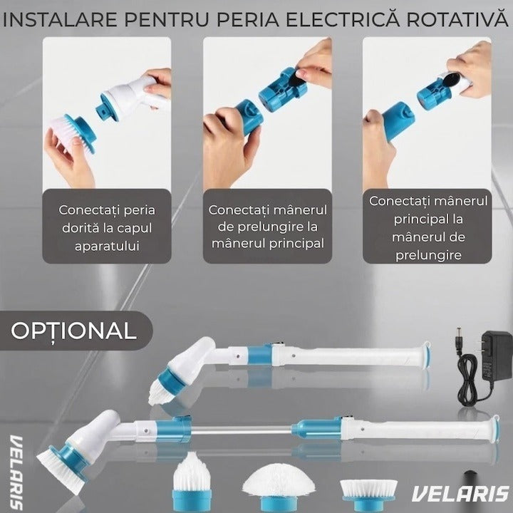 Perie electrică de curățat cu 3 capete interschimbabile, 300 RPM, acumulator, mâner telescopic