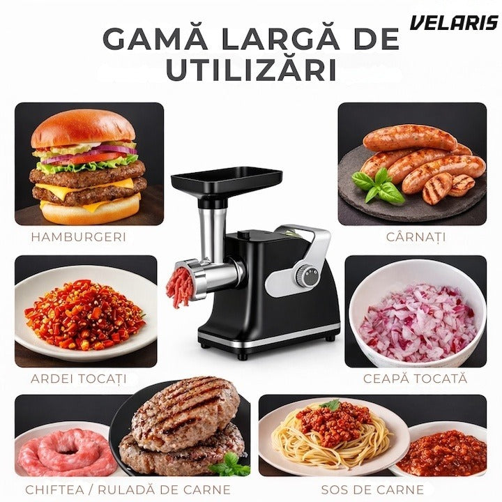 Masă de tocat electrică, oțel inoxidabil, 800W, 2 viteze, negru/alb