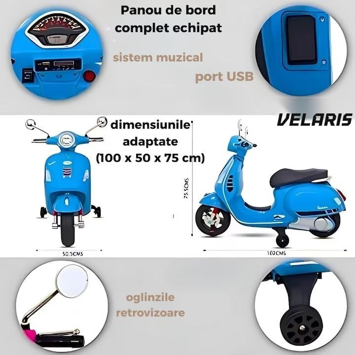 Scuter electric copii 3-8 ani, design Vespa, 2 acumulatori 6V, lumini LED, sistem audio, până la 6 km/h, albastru