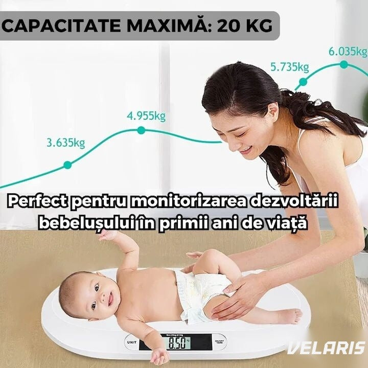 Cântar electronic pentru bebeluși, afișaj LCD, precizie gram, 20 kg, design ergonomic, alb