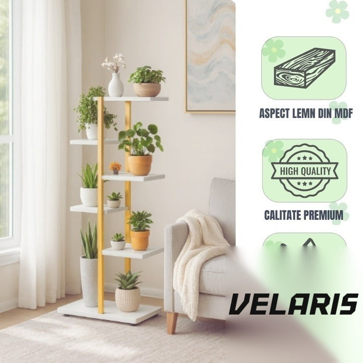 Suport flori cu 6 rafturi, design modern alb și maro, cadru metalic, 113x60x20 cm