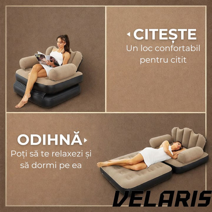Fotoliu Gonflabil XL 2 in 1 Portabil Pentru Interior, Exterior, Camping sau Plaja, Design Ergonomic, 100x88x90 cm, Maro