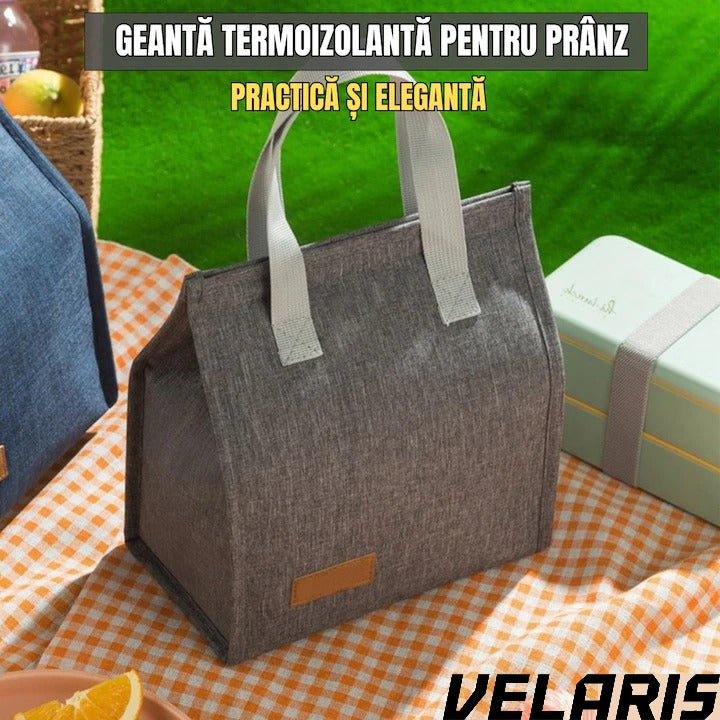Geanta termoizolanta multifunctionala, pentru birou, picnic sau camping, 22.5x13x25.5 cm, material premium, design gri