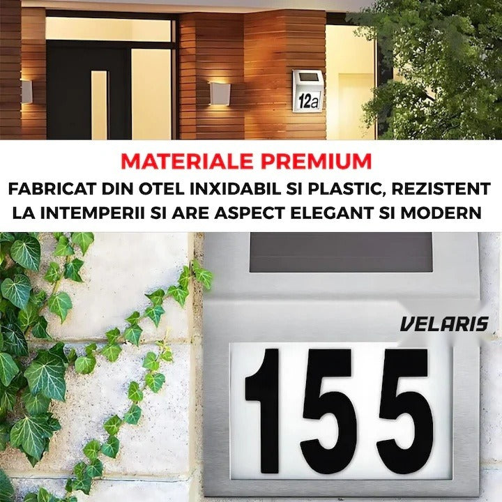 Placuță număr casă cu iluminare LED solară, detecție automată zi-noapte, oțel inoxidabil