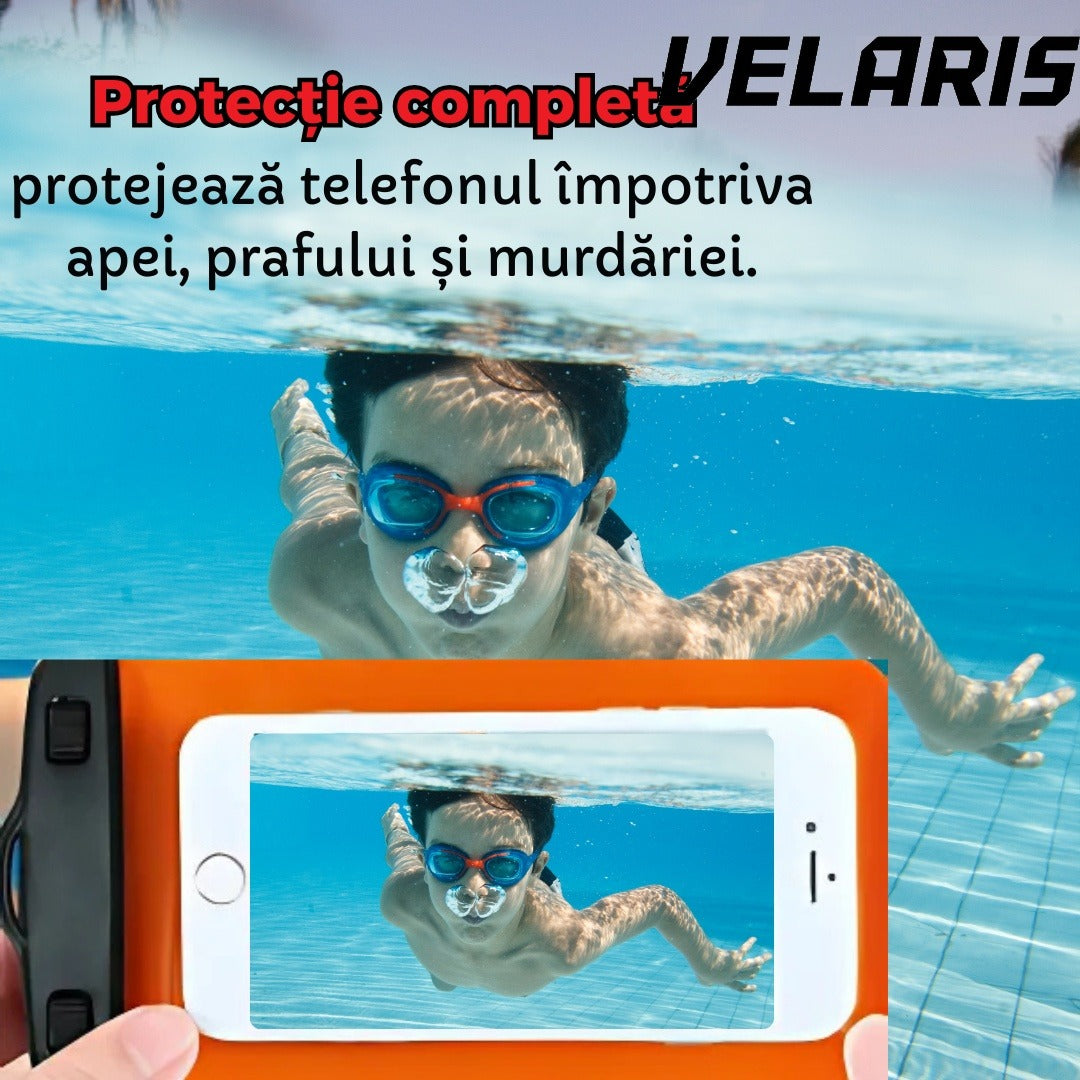 Husa Subacvatica Portocalie Transparenta cu Snur pentru Smartphone-uri si Dispozitive de Pana la 6.7 Inch, Protectie Impermeabila si Design Ergonomic