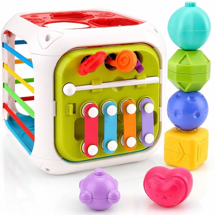 Cub educativ interactiv 7 in 1 Montessori, multicolor, pentru bebelusi si copii 1-3 ani