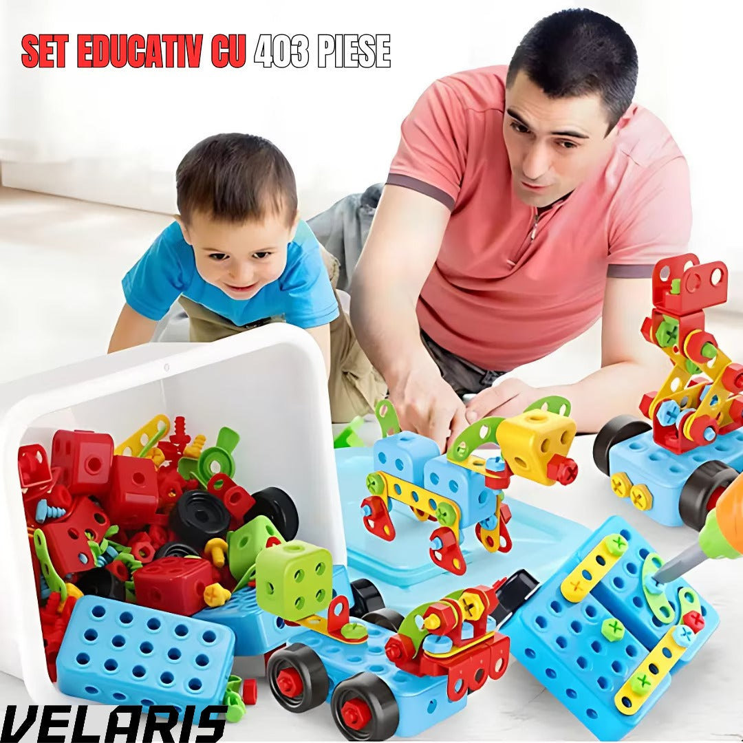 Jucarie educativa si interactiva Set Constructie 404 Piese Puzzle 3D STEM, Cu Surubelnita Electrica, Multicolor, Pentru Copii 6+ Ani
