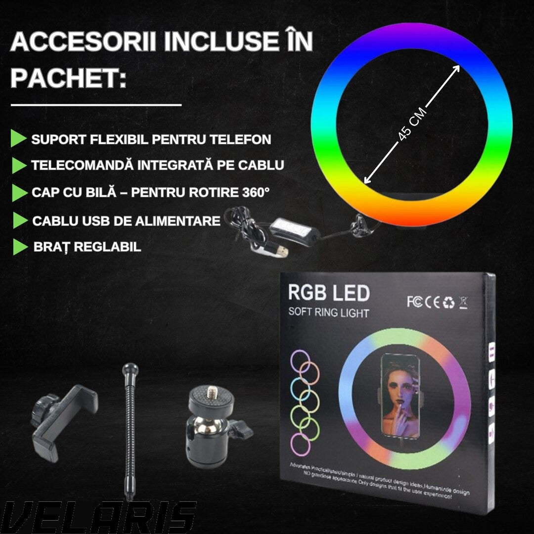 Lampa circulara RGB LED 45 cm, 20 moduri de lumina, cu suport de telefon, cablu de incarcare USB si telecomanda inclusa pe fir cu reglare a intensitatii