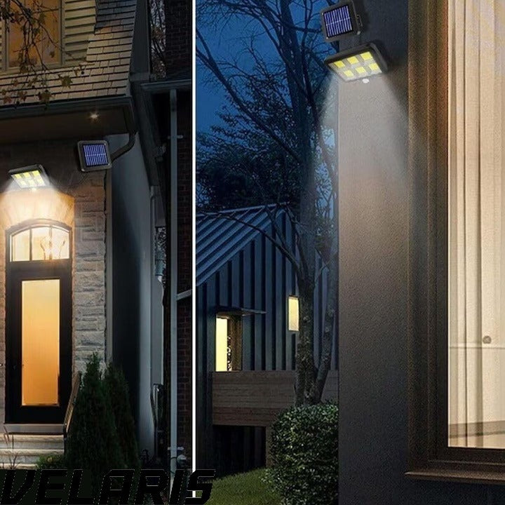 Lampa solara LED COB 120 LED senzor miscare telecomanda panou solar reglabil cablu 5 m rotatie 360 grade IP65 rezistenta apa si praf lumina rece 30W