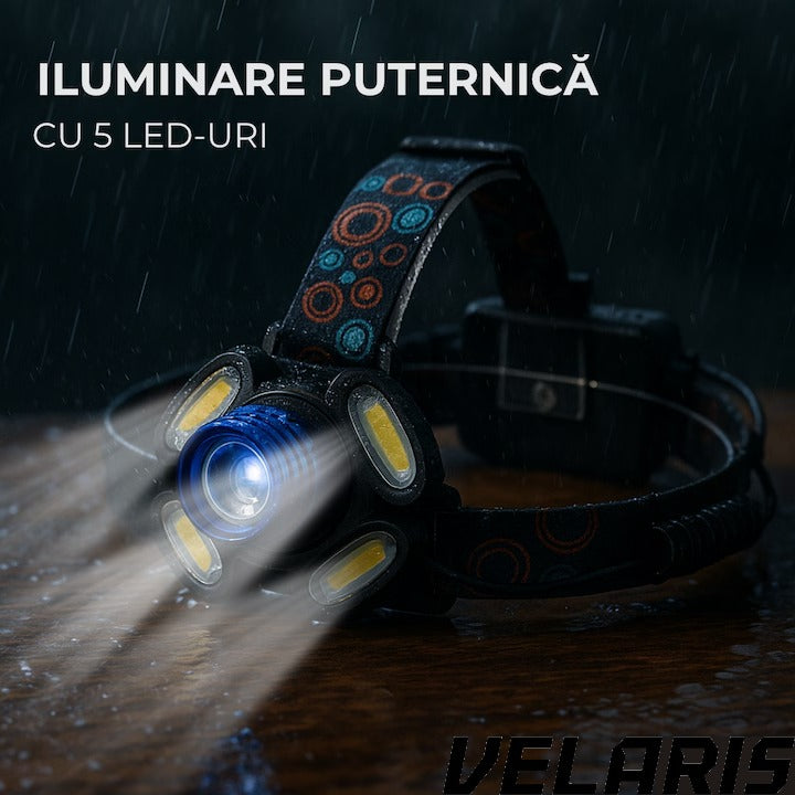 Lanterna frontala de cap cu 5 LED-uri, iluminare puternica, banda elastica reglabila pentru confort maxim, ideala pentru drumetii si activitati afara