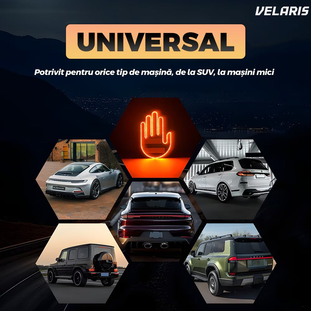 Semn LED auto cu telecomandă, design mână, 4 moduri, negru/portocaliu