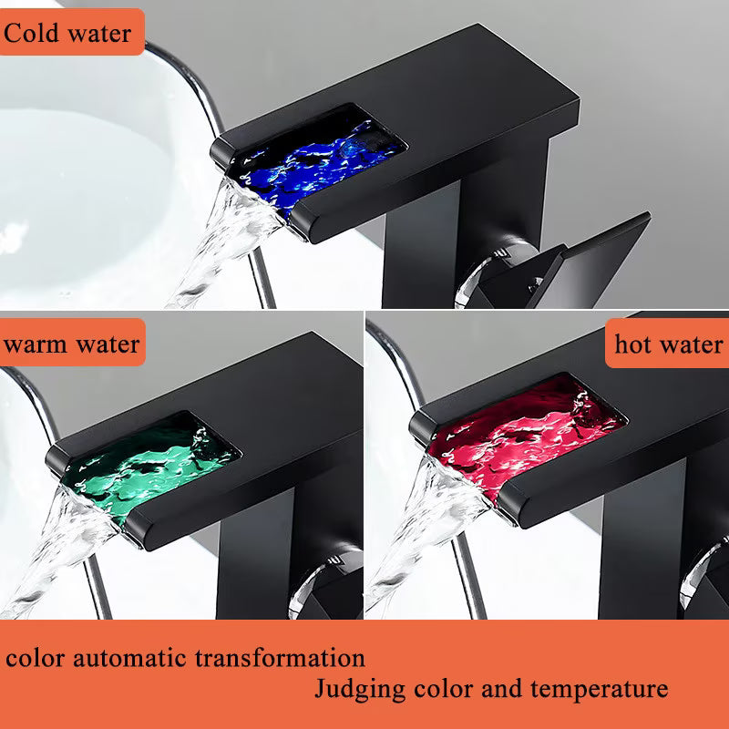 Baterie baie cascade LED RGB negru, senzor temperatură, alamă inoxidabilă