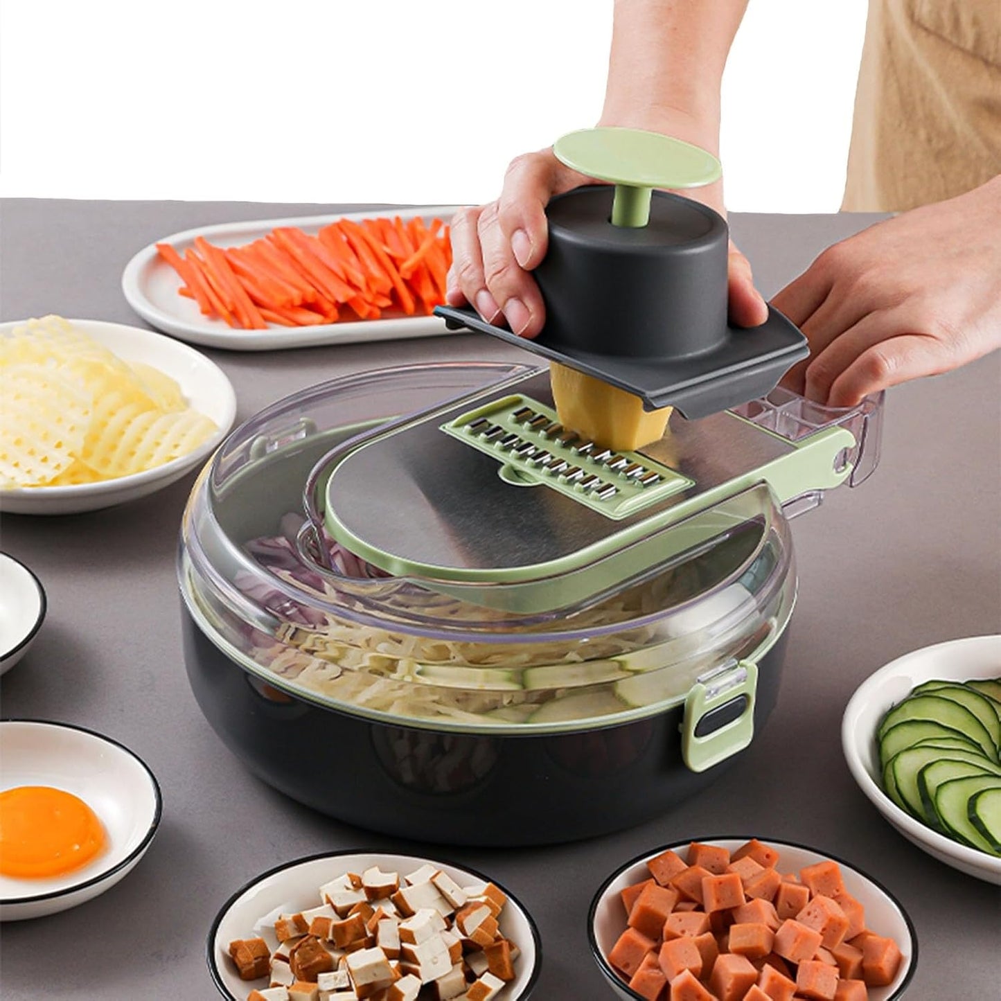 Aparat tocat manual 14 in 1 cu 8 lame inox, recipientă rotundă plastic