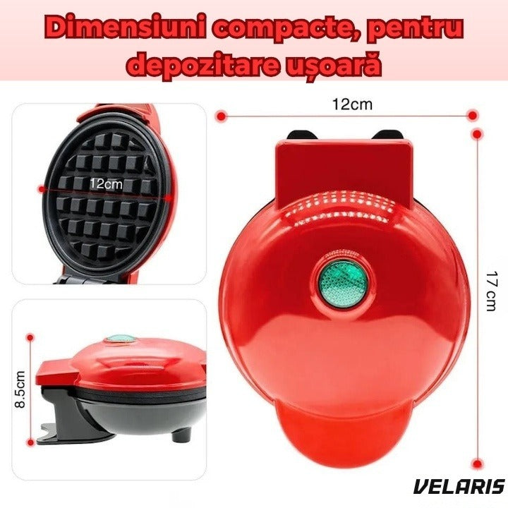 Mini aparat de waffle cu plăci antiaderente, indicator luminos, design compact, roșu