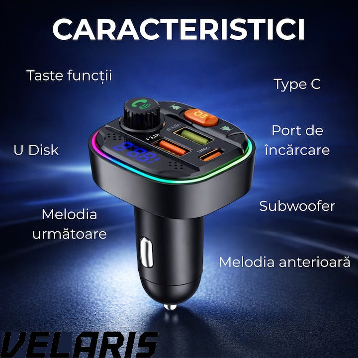 Modulator FM Bluetooth 5.0 cu Incarcare Rapida QC 3.0 si PD 20W, 1x USB Tip C, 2x USB Tip A, Iluminare RGB, Negru