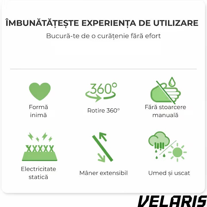 Mop cu Cap Inima 360° Telescopic Curatare Usoara, 127 cm, Verde, Cap Rotativ si Lavete Microfibra