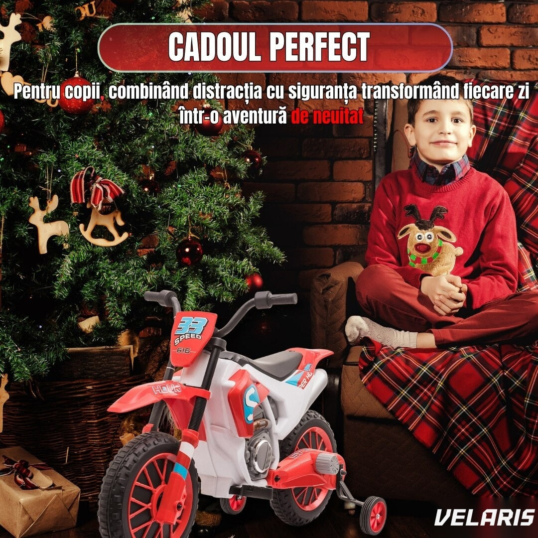 Motocicletă de jucărie cu roți ajutătoare, roșie