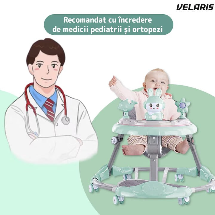 Premergatoare multifuncțională pentru bebeluși cu tavă de joacă, muzică și pliabilă