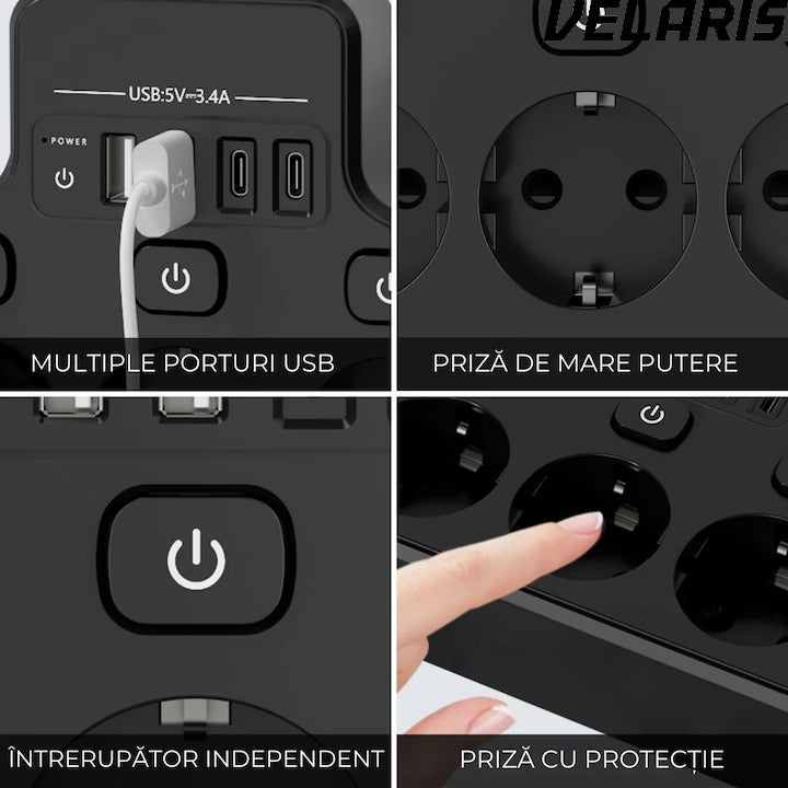Multipriza cu 4 prize Schuko, 4 porturi USB, control individual, 4000W, extensie electrica pentru birou si acasa
