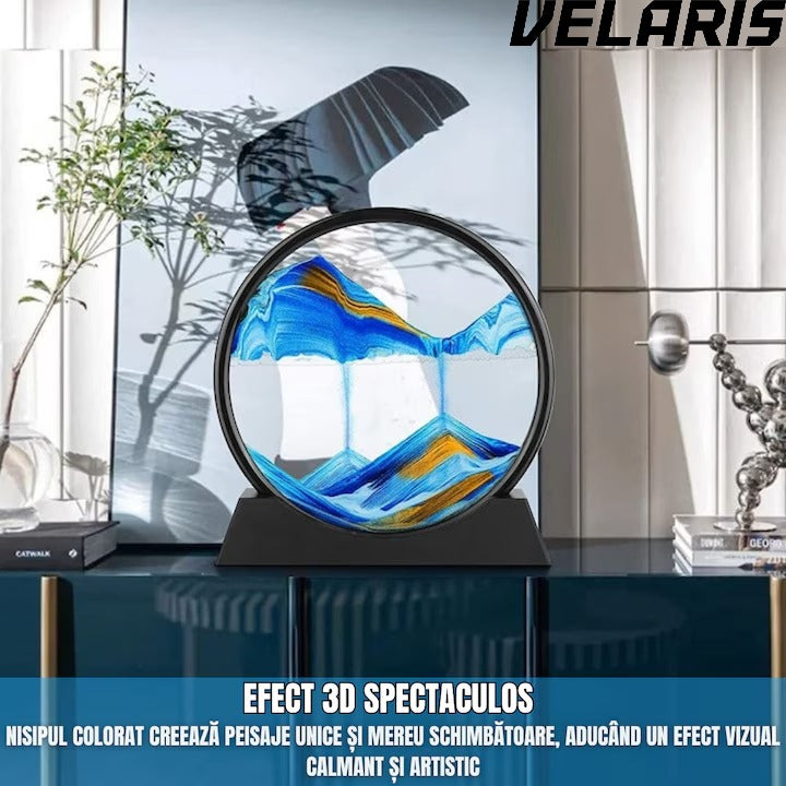 Obiect decorativ cu efect 3D din nisip, masa rotativa 360°, baza din plastic, sticla si nisip, 18x19 cm, Albastru